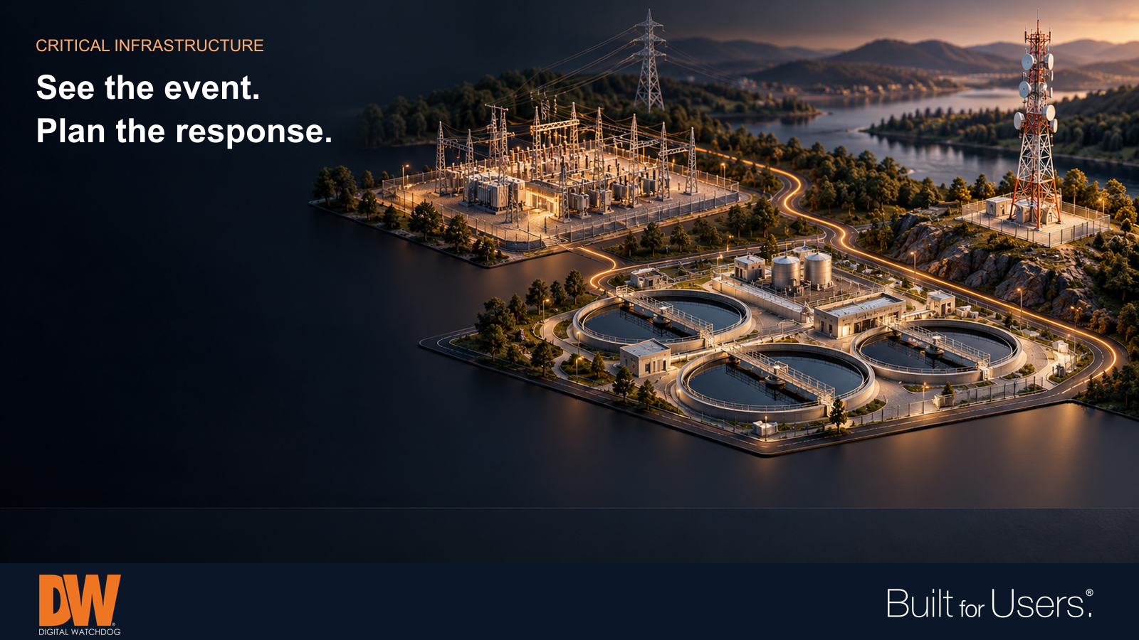 Illustrated water, electricity and communications facilities connected across a planning scene