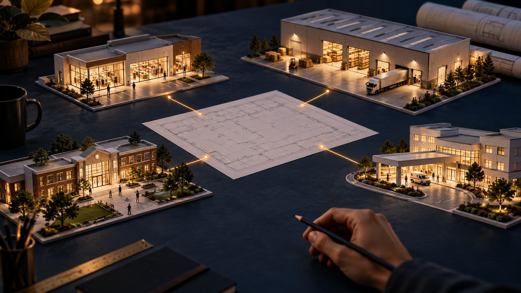 Conceptual illustration of retail, warehouse, school and healthcare models around a site plan