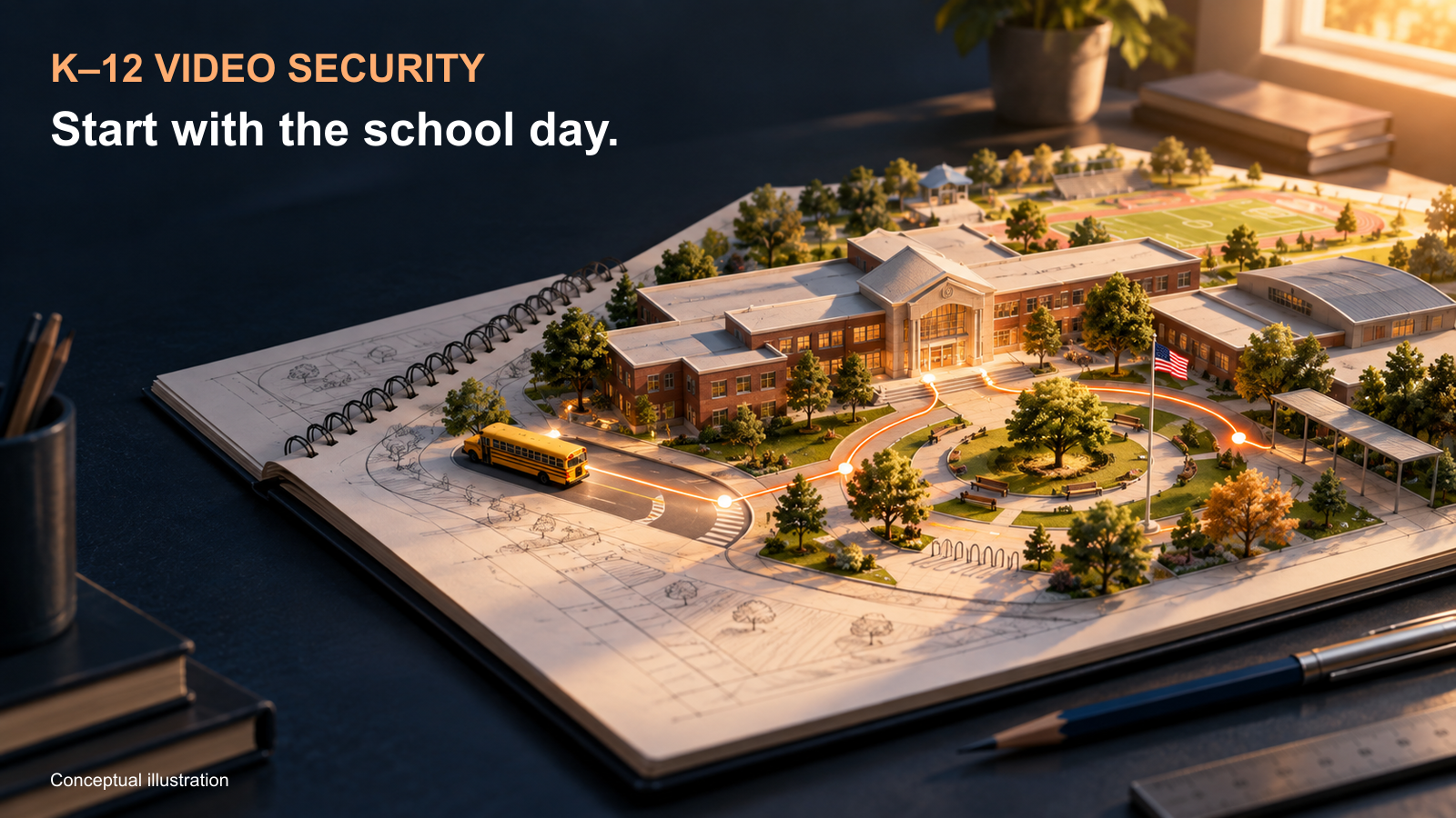 Conceptual school campus model on an open planning notebook