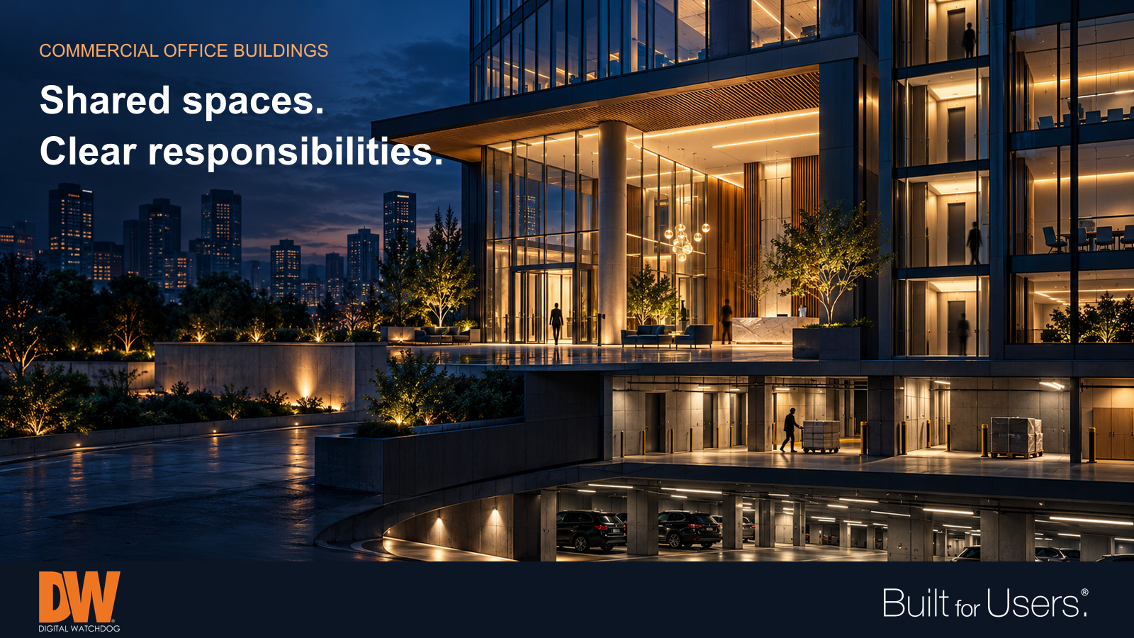 Office building with shared lobby, delivery entrance and parking areas